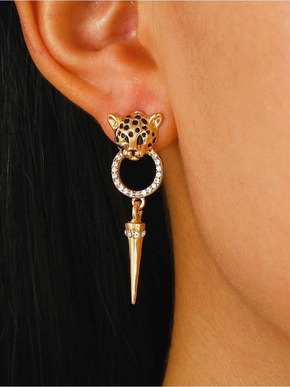 Anthropologie Gold Leopard Hoop Spike Drop Earrings - Picture 4 of 4